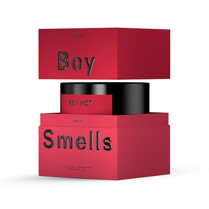 Boy Smells Red Hot scented 9 ounce Classics candle in black glass vessel with dark red label, in open box.