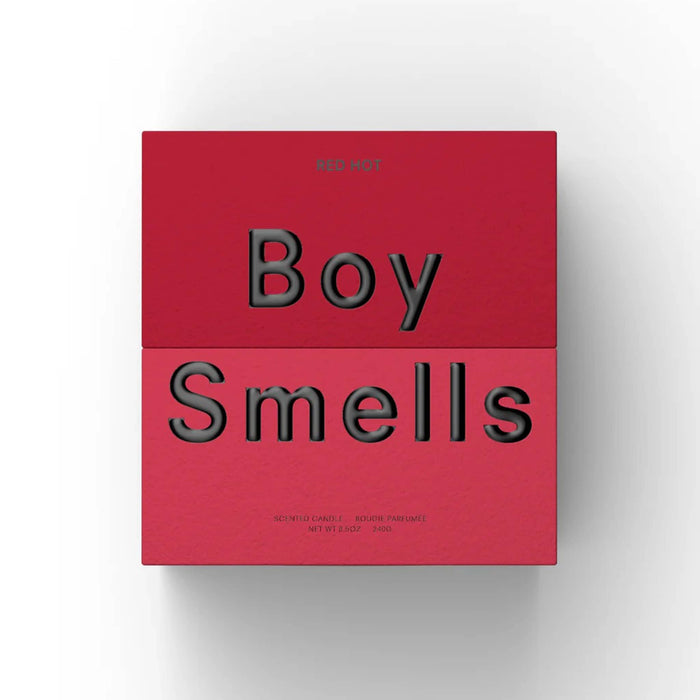 Boy Smells Red Hot scented 9 ounce Classics candle in two-tone-dark red box, front view.