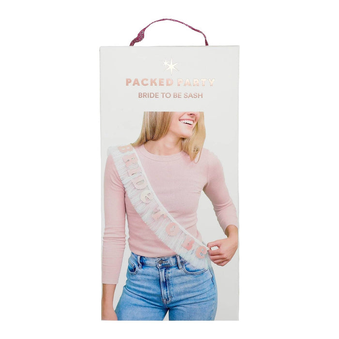 Packaged 'Bride to Be' sash with a model wearing it on a white background.