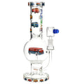 Clear glass water pipe with a colorful retro bus pattern and a blue glass mouthpiece, shown on a white background.