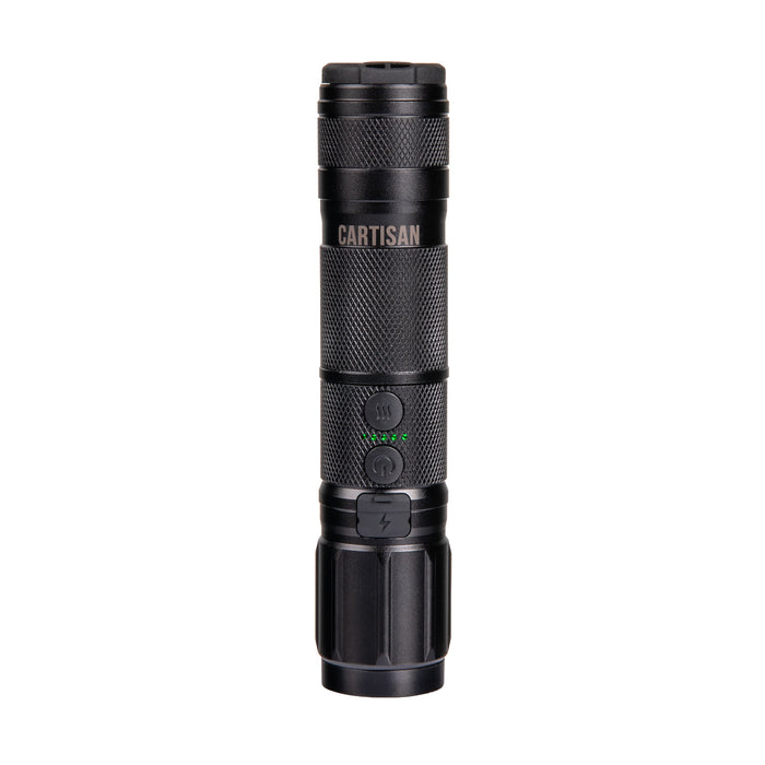 Black flashlight vaporizer with 'CARTISAN' branding on a white background