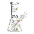 Caticorns Clear Cute glass bong with unicorn and rainbow designs on a white background