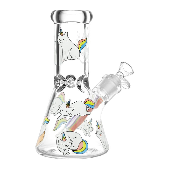 Caticorns Clear Cute glass bong with unicorn and rainbow designs on a white background