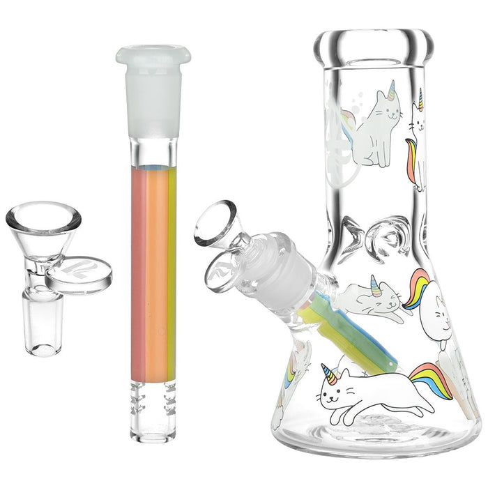 Glass smoking Bong with unicorn and rainbow designs on a white background