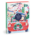 The Emily Taylor Christmas Joyride 9 x 12" Paint by Number Kit features a red car with a bear driver, wreath on the grille, presents and skis on the roof, all set against a snowy holiday background.