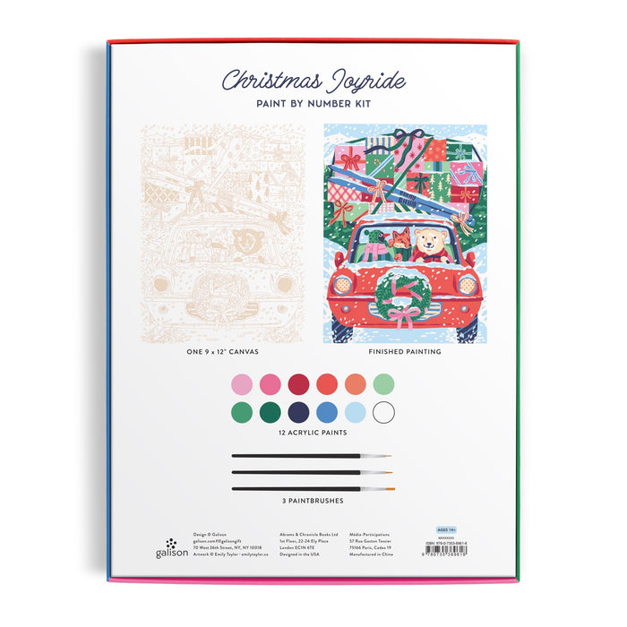 Back of Emily Taylor’s Christmas Joyride 9 x 12" Paint by Number Kit box shows a coloring canvas, a finished festive car scene with dogs, 12 acrylic paint colors, and 3 paintbrushes.