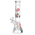 Glass bong with Christmas-themed decorations on a white background