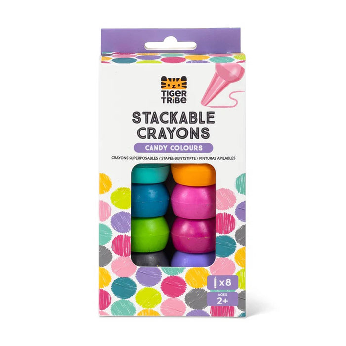 Tiger Tribe Stackable Crayons in Candy Colour, set of 8, in its original retail packaging. The box features a white background with colorful polka dots and a clear window showing the stackable crayons inside.