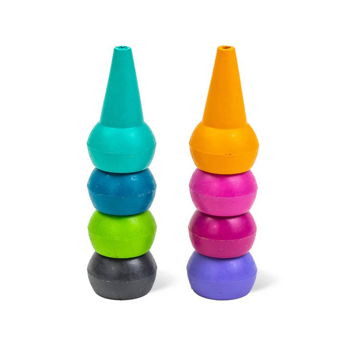 Two sets of colorful stacking crayons on a white background. One set features a teal, blue, lime green, and dark gray stack, while the other features an orange, pink, magenta, fuchsia, and purple stack.