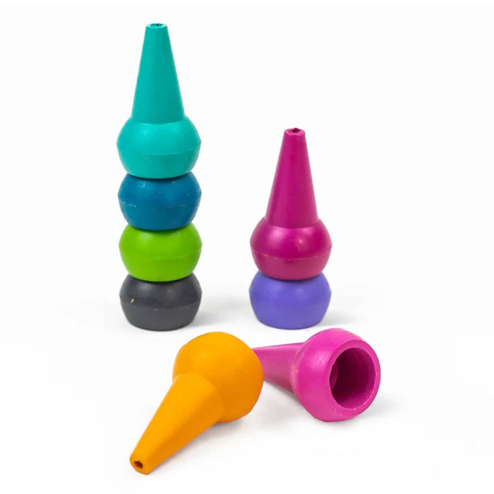 Colorful stacking crayons shown on a clean white background.