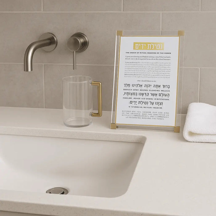 Classic 2.0 Tabletop Al Netilas Yadayim plaque in transliterated text displayed on white bathroom sink counter next to soap dispenser