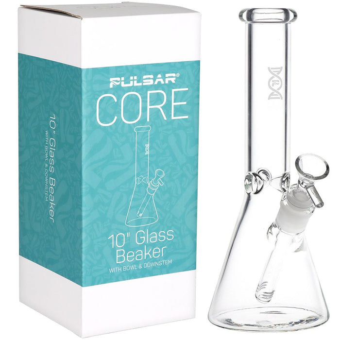Glass beaker Bong with Pulsar Core packaging on a white background