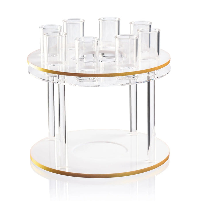 Classic round liquor set with clear glass decanter bottles arranged on two-tier acrylic stand with gold trim accents.
