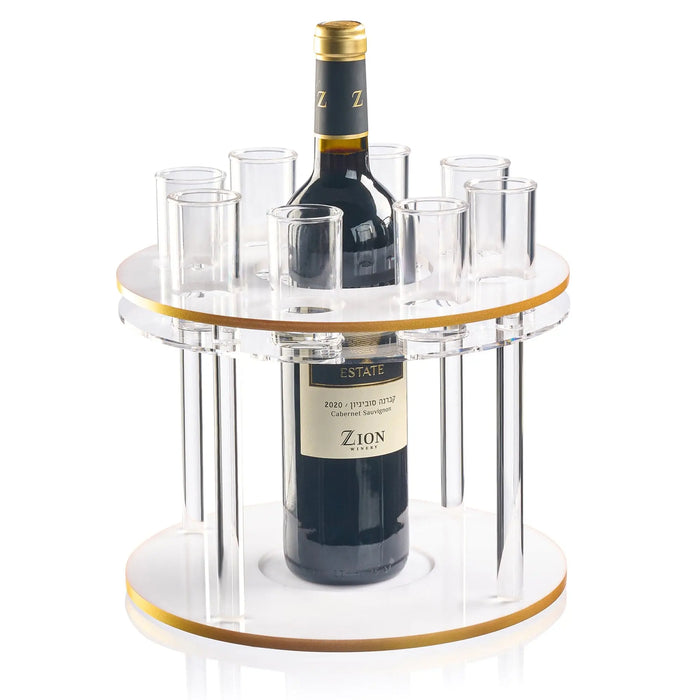 Classic Round Liquor Set with white acrylic base, gold trim, eight clear glasses, and wine bottle holder in center