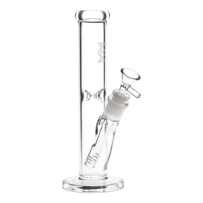 Clear Straight tube glass water pipe with a white base on a white background