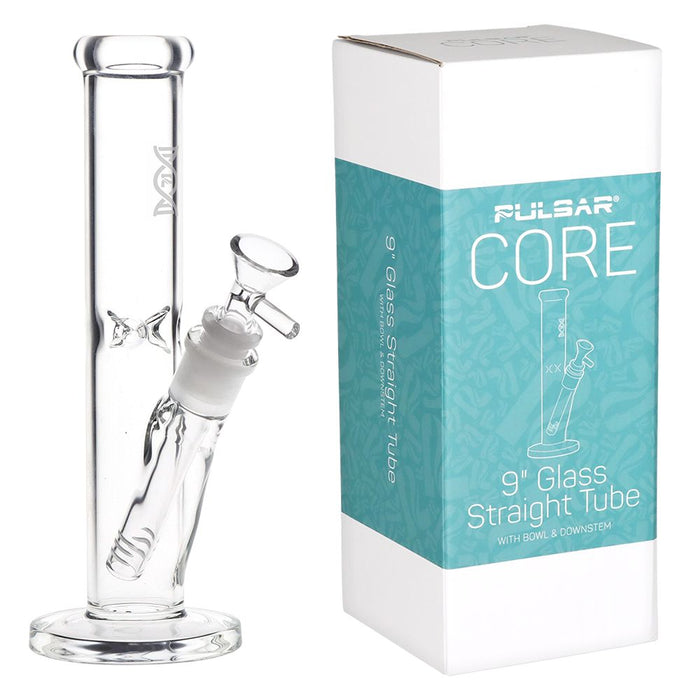 Clear glass straight tube bong with white base next to its packaging box on a white background