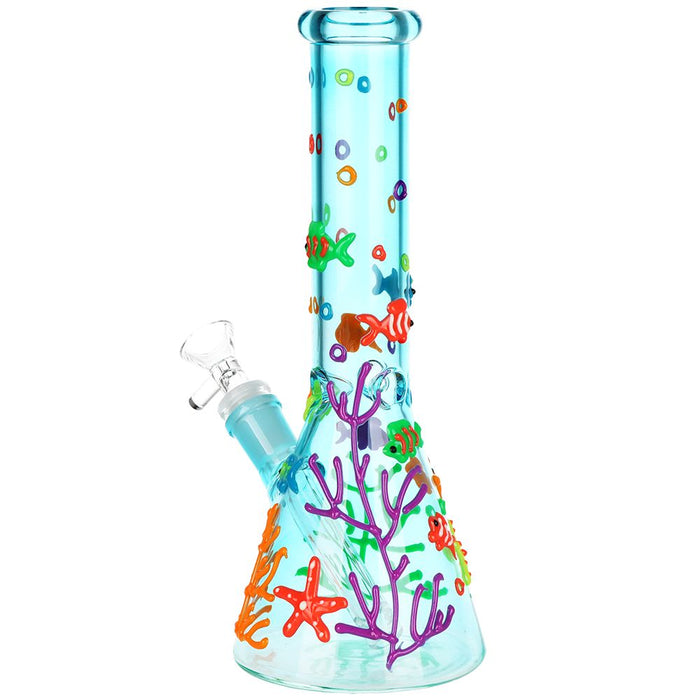 Colorful glass water pipe with marine-themed decorations on a white background