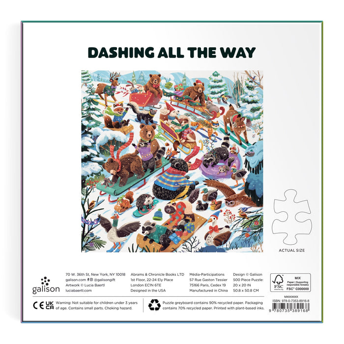Back of the Lucia Baertl Dashing All the Way 500 Piece Puzzle box, showing bears, foxes, rabbits, and woodland animals sledding and skiing in a snowy forest scene.