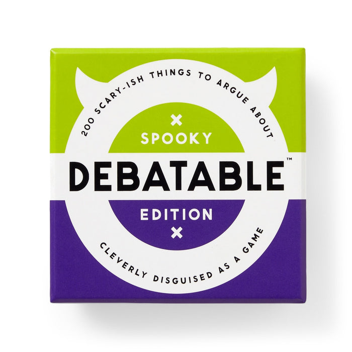 The Brass Monkey Debatable Spooky Edition is a green and purple game box with 200 scary-ish things to argue about—perfect as a spooky debate game for your next Halloween party.