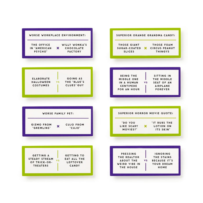 Debatable Spooky Edition by Brass Monkey features eight cards with pairs of funny “would you rather” questions—ideal for Halloween parties. Each card has a bolded title, two choices, and festive purple or green borders.