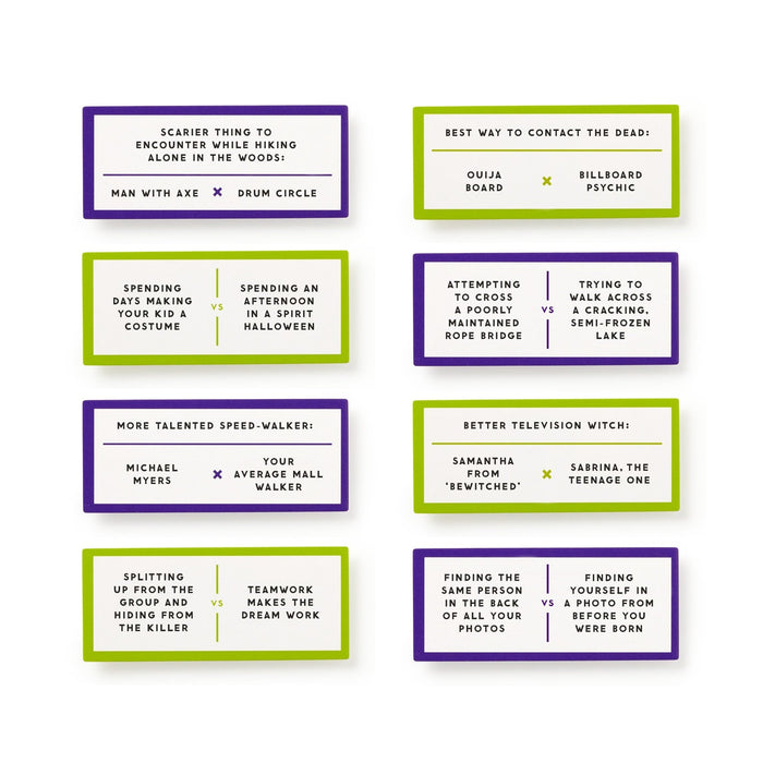 Brass Monkey's Debatable Spooky Edition includes eight purple and green cards featuring funny debate prompts—like Man with axe vs Drum circle. Perfect Halloween conversation starters for your next party!.