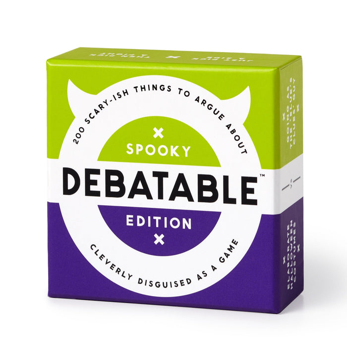Debatable Spooky Edition by Brass Monkey: a green and purple box game with 200 scary-ish things to argue about—your new favorite Halloween party game in a spooky debate format.