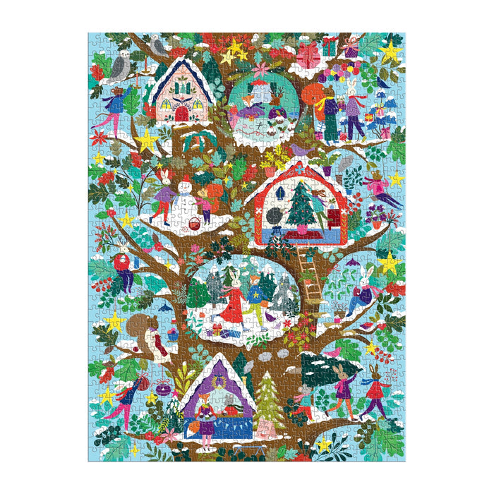 Deck the Hollows 1000 Piece Puzzle by Flora Waycott features a festive treehouse scene with people decorating, playing, and celebrating among ornaments, gifts, stars, animals, and cozy houses on a light blue background.