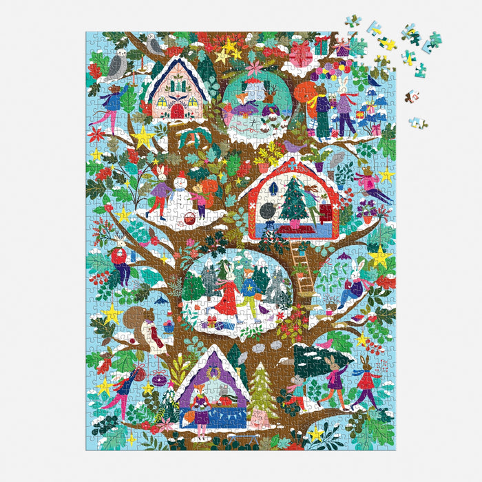 The Flora Waycott "Deck the Hollows" 1000 Piece Puzzle features a vibrant tree with cozy houses and joyful winter scenes—people skating, decorating, and playing in the snow—with just a few pieces left to complete in the top right corner.