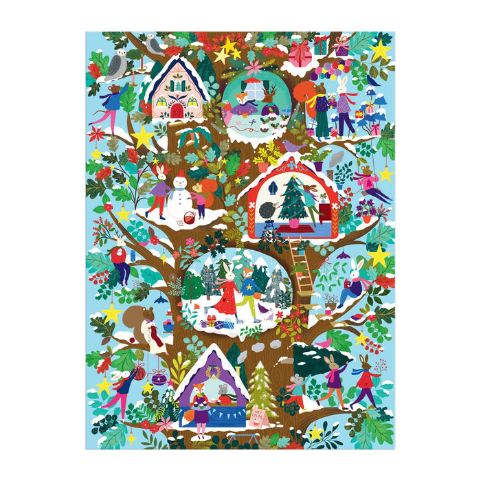 Deck the Hollows 1000 Piece Puzzle by Flora Waycott features a large tree with cozy houses in its branches, people and animals enjoying winter festivities—decorating, playing in snow, carrying gifts—amid stars, colorful leaves, and snow.