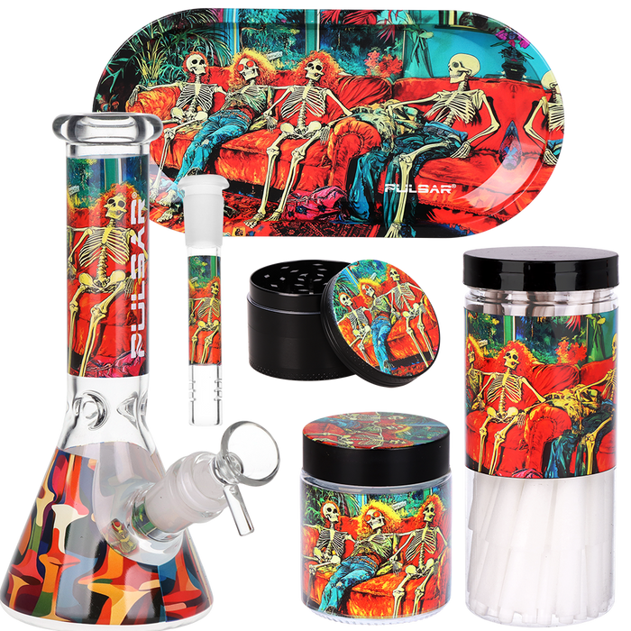 Set of smoking accessories with skeleton design on a colorful background