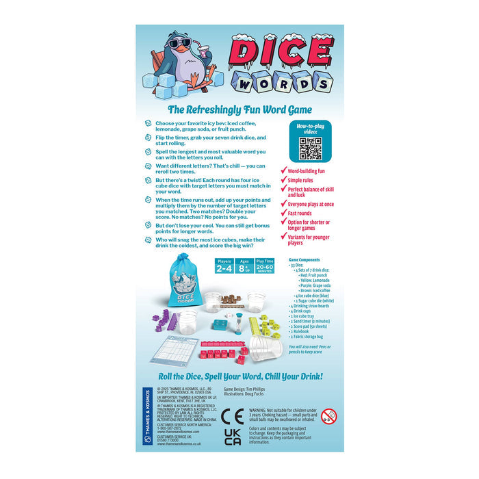 Dice Words game packaging with text and graphics on a blue background.