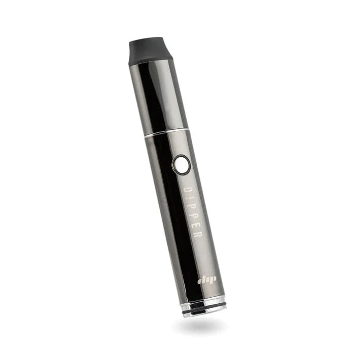 A black Dipper Dab Pen Vaporizer with a quartz crystal atomizer on the end and a digital display.