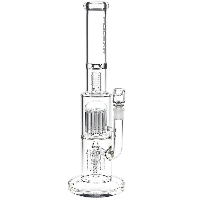A clear glass water pipe with a cylindrical chamber, central bubbler tube, and side arm, shown on a plain white background.