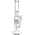 A clear glass water pipe with a cylindrical chamber, central bubbler tube, and side arm, shown on a plain white background.