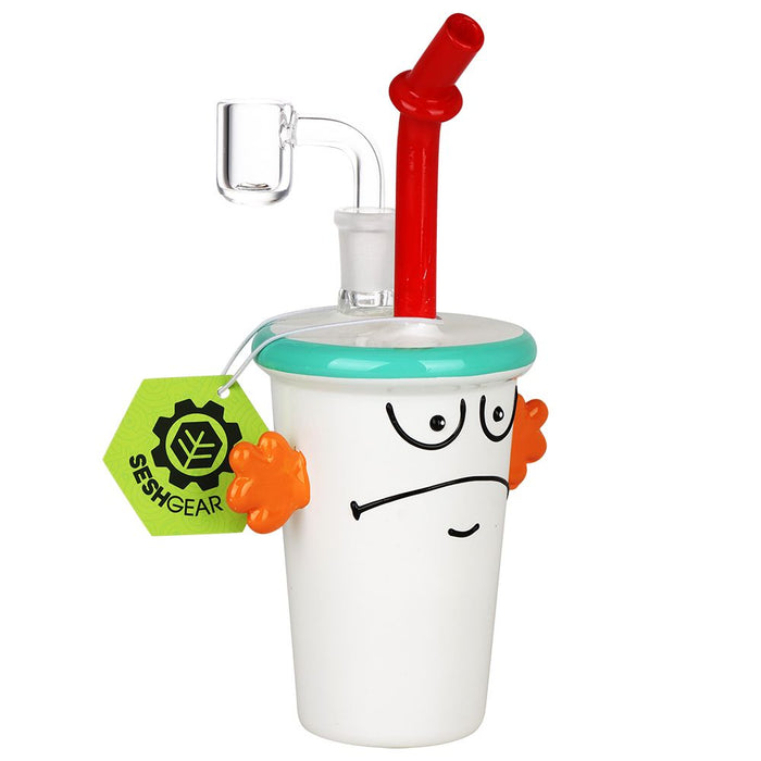 A novelty glass water pipe styled like a cartoon character cup, featuring a white body with a turquoise rim, a red curved straw, orange hands with quartz banger