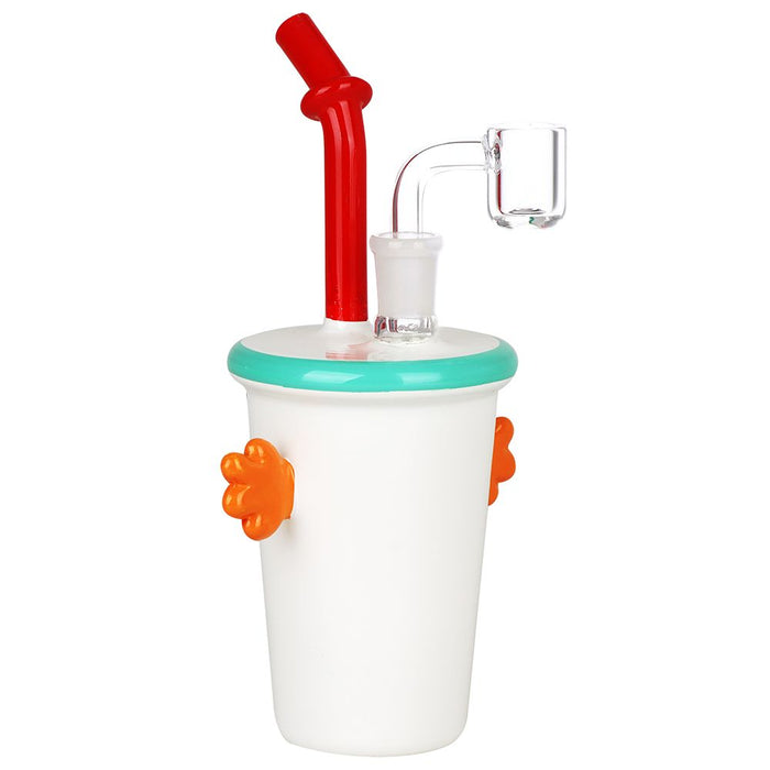 A white glass smoking dab rig with a turquoise rim, a red curved mouthpiece, orange paw-shaped side grips, and a clear glass downstem with a small clear bowl, shown on a plain white background.
