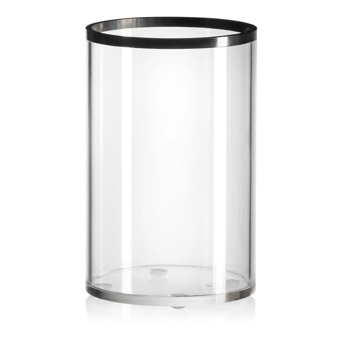 Edge Cup clear glass washing cup with stainless steel rim, modern cylindrical design for bathroom vanity