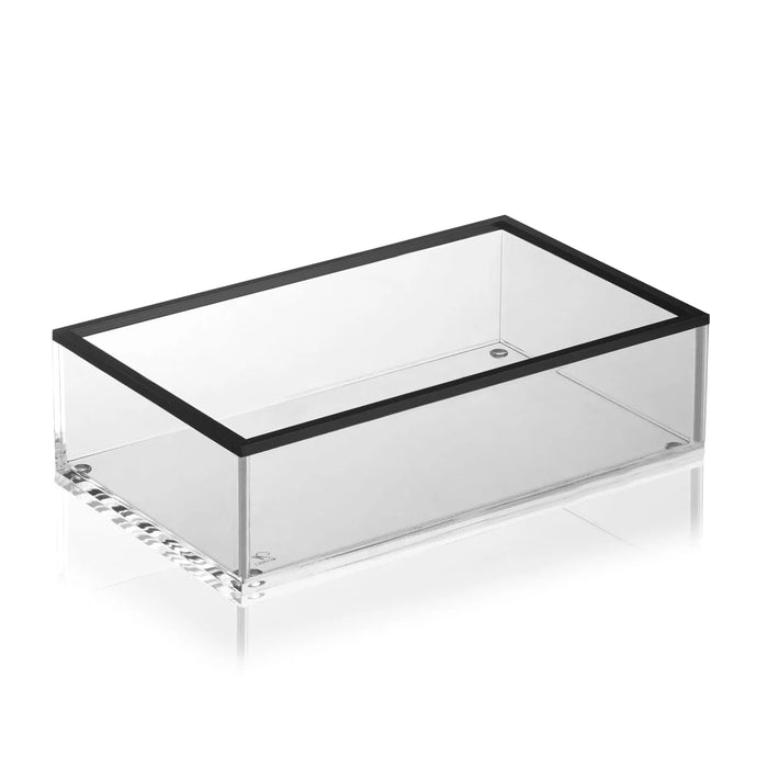 Clear acrylic guest towel holder with black trim rim, rectangular tabletop design for bathroom vanity storage by Waterdale Collection.