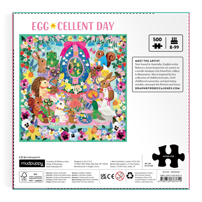 The Egg-cellent Day 500 Piece Foil Family Puzzle by Rebecca Jones features vibrant woodland animals with eggs and flowers, shiny foil accents, and includes an artist bio. Perfect for ages 8-99 and ideal for family fun!.