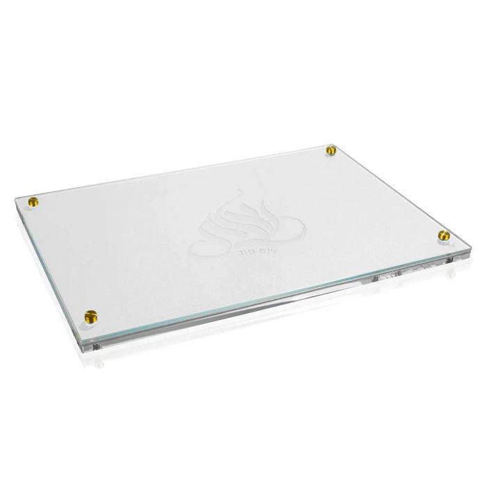White embossed Regal challah board with matching clear cover and brass corner accents, perfect for Shabbat bread service.