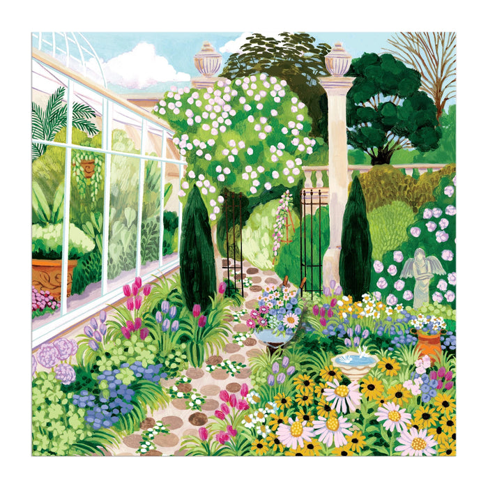 Experience the beauty of Evergreen Gardens with this 500 piece puzzle by Joanna Clay, featuring a vibrant garden scene of colorful flowers, tall green trees, a stone path to an ornate gate, a glass conservatory, birdbath, and statue amid lush greenery.