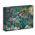 The Sarah Long Fireworks Jubilee 1000 Piece Foil Puzzle features vibrant, festive fireworks above riverboats against a night sky, brought to life with detailed illustrations.