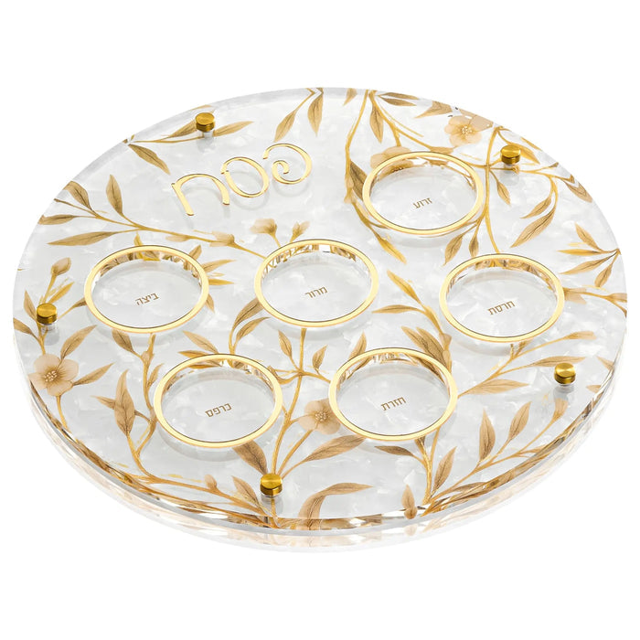 Floral Bird Seder Plate with gold leaf design on clear lucite, featuring ornate botanical patterns and bird motifs for Passover Pesach celebrations.