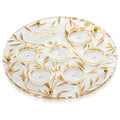 Floral Bird Seder Plate with gold leaf design on clear lucite, featuring ornate botanical patterns and bird motifs for Passover Pesach celebrations.