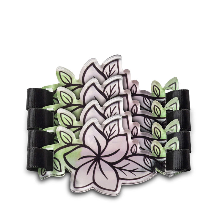 Floral napkin rings with purple flowers and green leaves, black fabric bands on white background