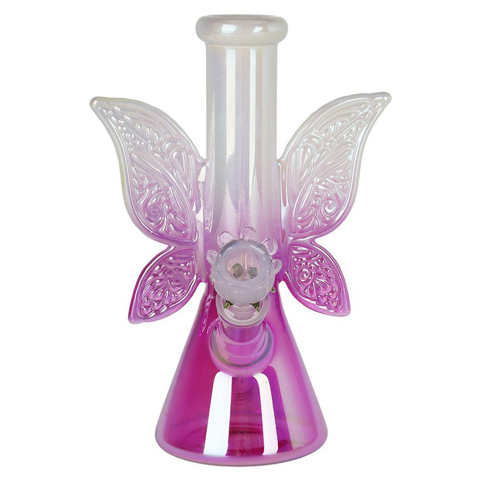 Pink and purple butterfly-shaped glass water pipe on a white background