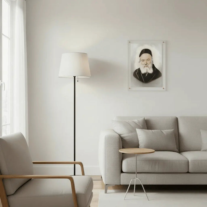 Frame Gedolim Art Chofetz Chaim Light portrait with pearl marble finish displayed on living room wall above beige sofa