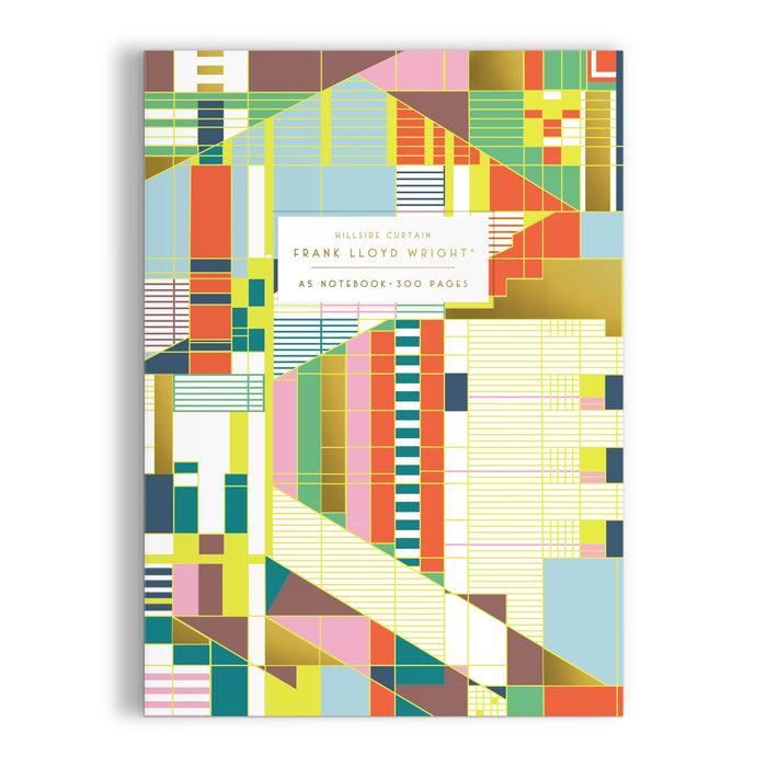 The Frank Lloyd Wright Foundation’s Hillside Curtain Premium A5 Notebook features a colorful geometric cover pattern inspired by Wright and includes 300 pages.