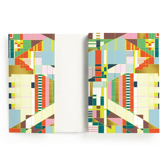 The Frank Lloyd Wright Hillside Curtain Premium A5 Notebook by the Frank Lloyd Wright Foundation features an open book with a colorful, geometric cover of rectangles, lines, and triangles in yellow, green, pink, red, blue, and brown.