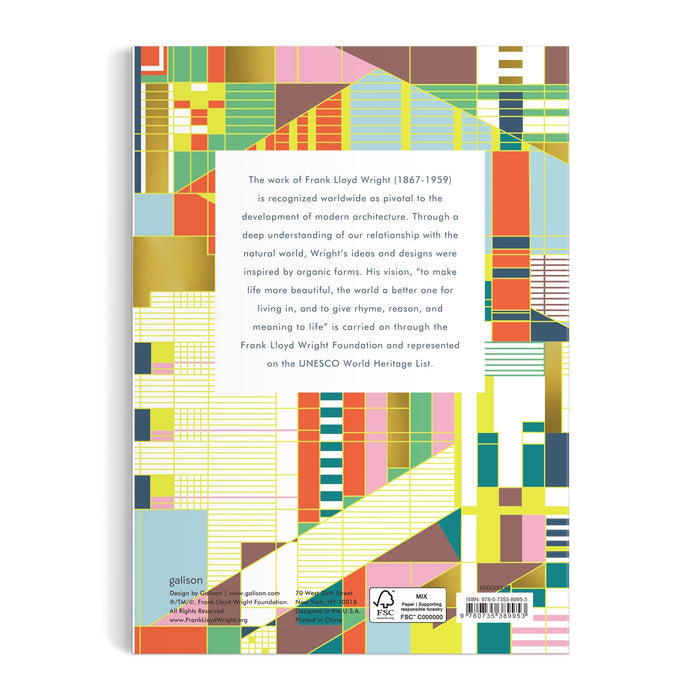 The back cover of the Frank Lloyd Wright Hillside Curtain Premium A5 Notebook by the Frank Lloyd Wright Foundation features a colorful geometric pattern with rectangles and squares. A central white box highlights Wright’s architectural philosophy and contributions.